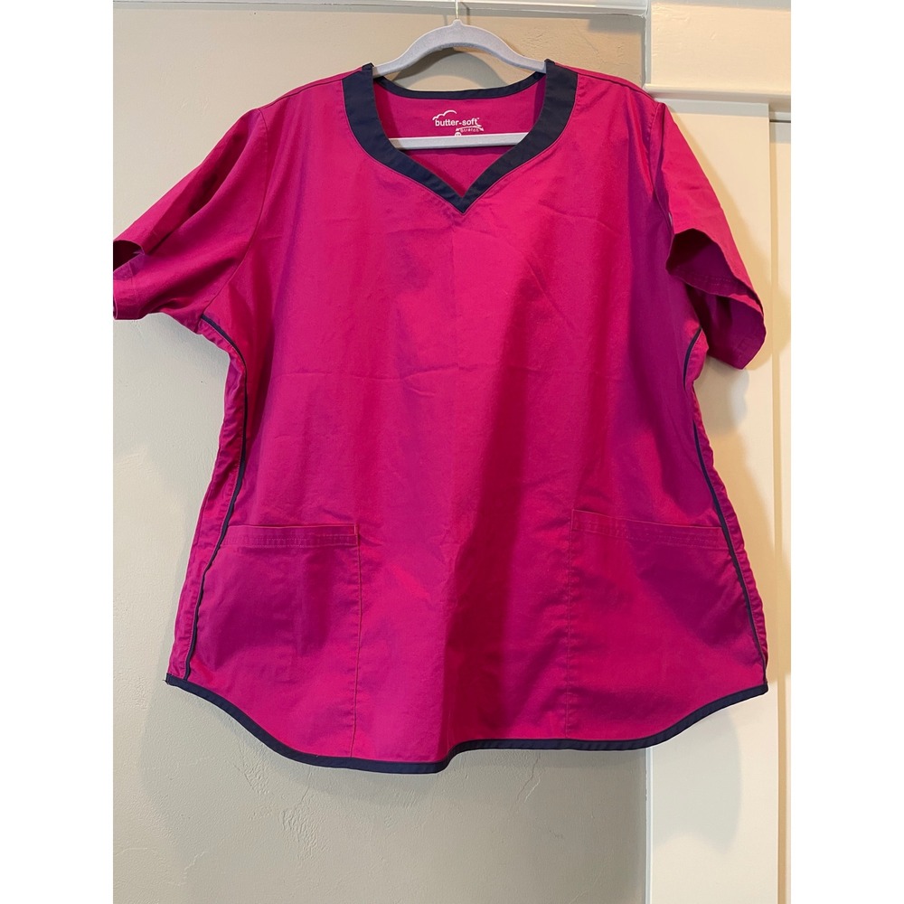 Butter-Soft Stretch Womens Scrub Top Pink Navy Trim V-Neck 2X Medical Uniform - Picture 1 of 12